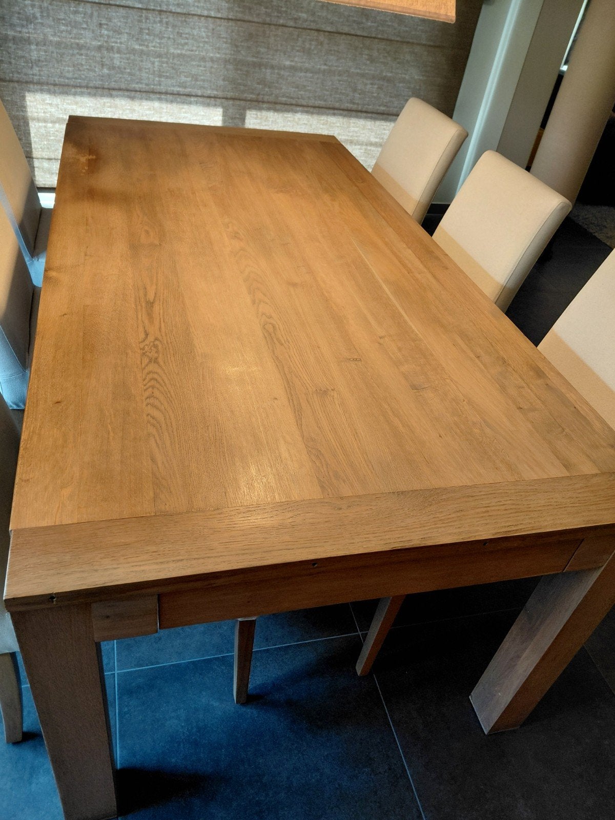 Eettafel massieve, vergrijsde eik, 2 m, verlengbaar tot 3 m, Huis en Inrichting, Tafels | Eettafels, Ophalen, Gebruikt, Landelijk modern