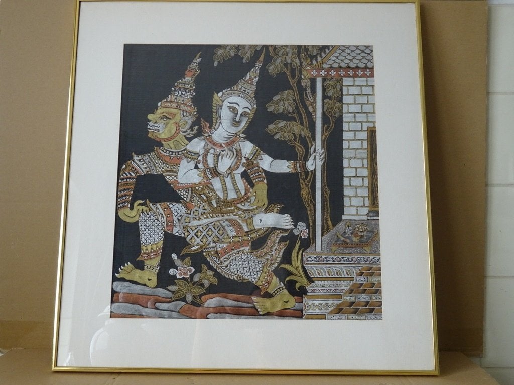 Peinture sur soie Thaïlande vintage dans cadre de luxe 56x59, Enlèvement ou Envoi