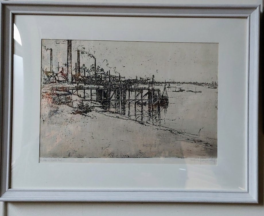 Averhals Georges gravure - «Schelde Kallebeek» signé/cadre, Antiquités & Art, 1950 - 1999, 42 cm, Vie quotidienne, Numéroté