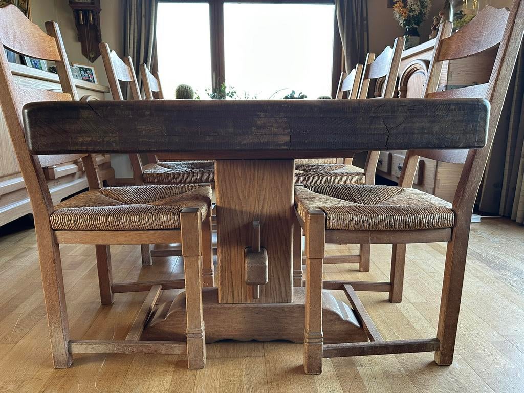 Massieve eiken eettafel met 6 stoelen., Ophalen, Gebruikt, 6 tot 8 stoelen