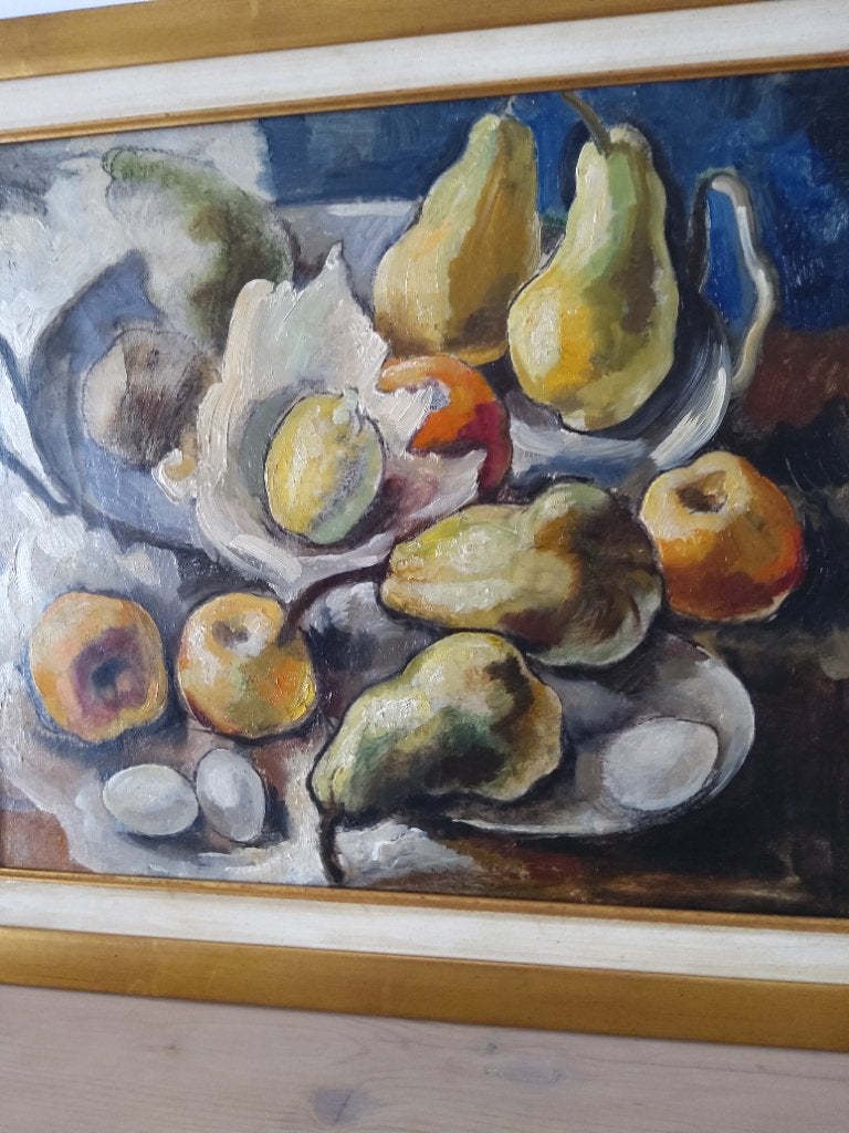 Huile sur toile " nature morte aux fruits” de Jean Leroy, Peinture à l'huile, Enlèvement, Toile, Nature morte