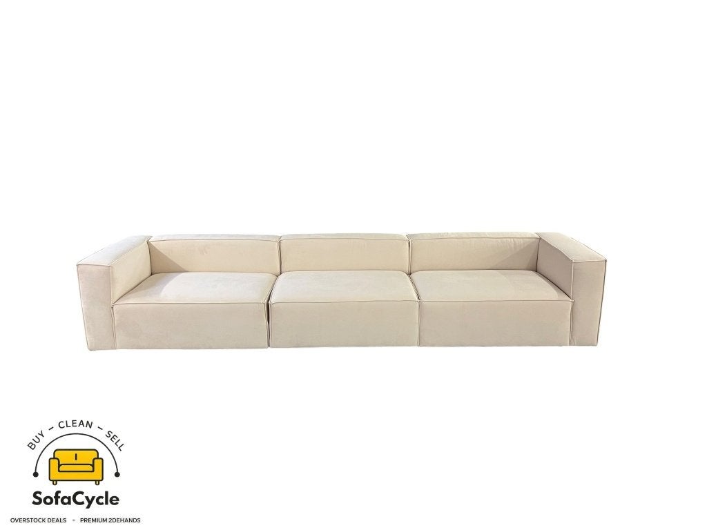 4-zit zetel beige velours, modulair 355 cm – nieuw, Gebruikt, Zonnestraat 223-229, 9600 Ronse, België, Info@sofacycle.be, SofaCycle VOF