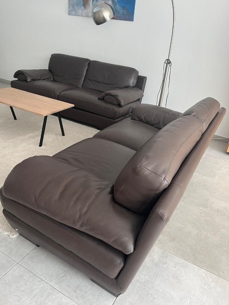 2x Lederen Tweezit Zetels – Donkerbruin Leder (200 cm), Ophalen, Gebruikt, 150 tot 200 cm, Tweepersoons
