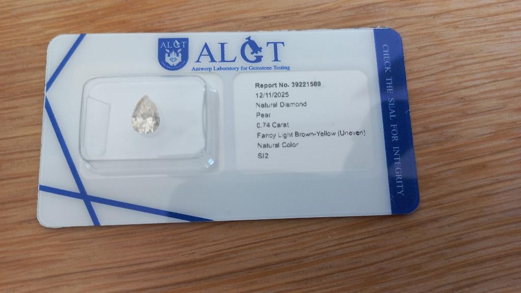 Diamant NATUREL, Poire - 0,74 ct, certifié ALGT !, Enlèvement ou Envoi, Comme neuf