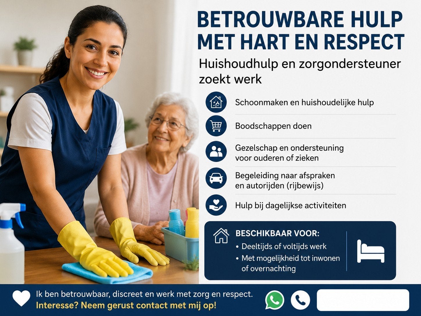 Betrouwbare huishoudhulp en zorgondersteuner zoekt werk
