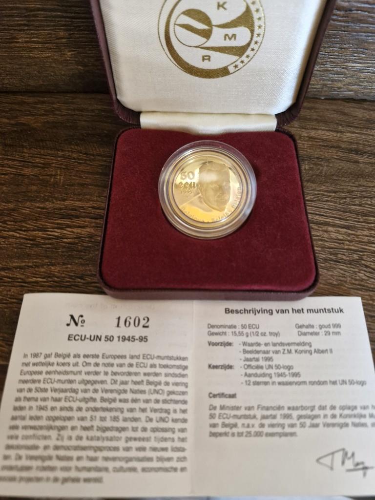 Belgische 50 ECU 1995 – 1/2 oz puur goud (.999), Postzegels en Munten, Ophalen, Goud, Losse munt, Goud