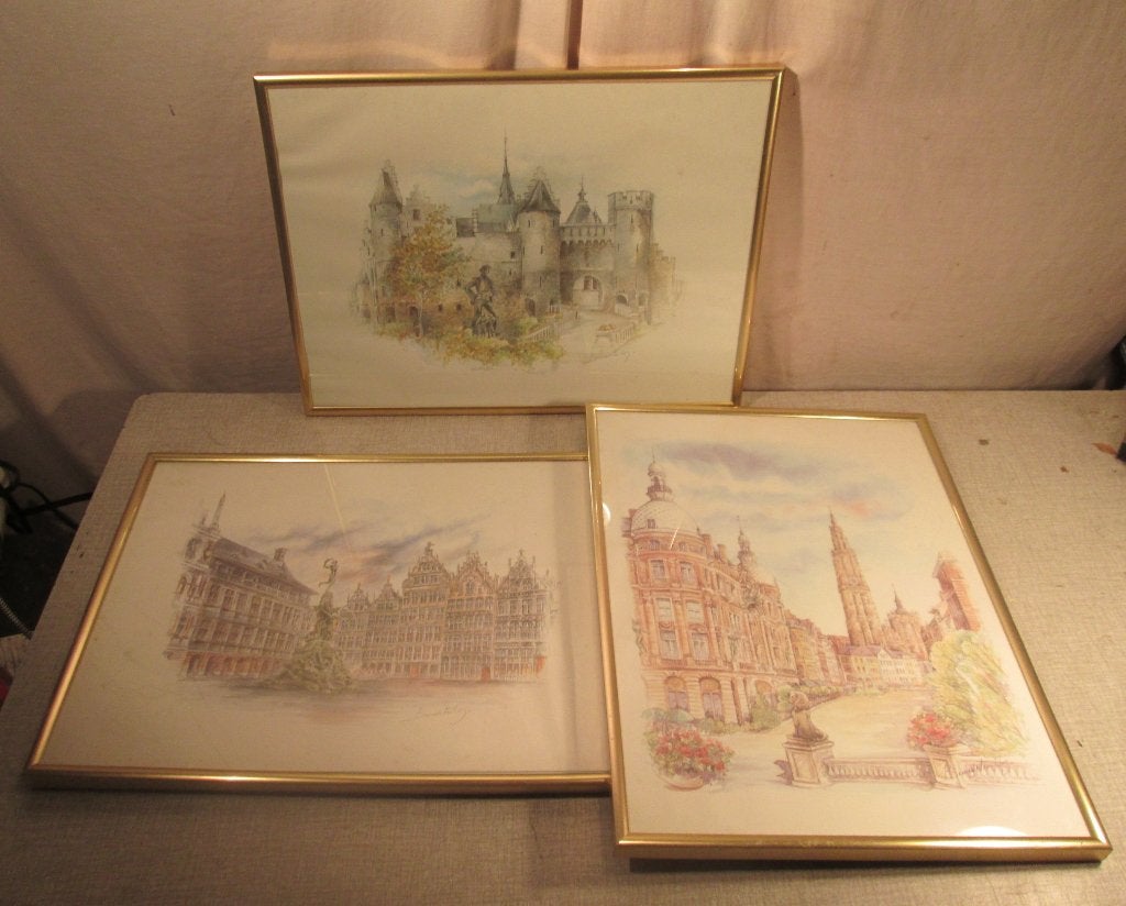 3 Superbes aquarelles - Bâtiments - Bernadette Vos, Antiquités & Art, Art | Peinture | Classique, Sous verre, Enlèvement ou Envoi