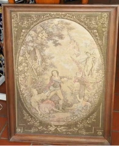 ancienne tapisserie encadrement chêne "offrande a l'amour", Antiquités & Art, Enlèvement ou Envoi