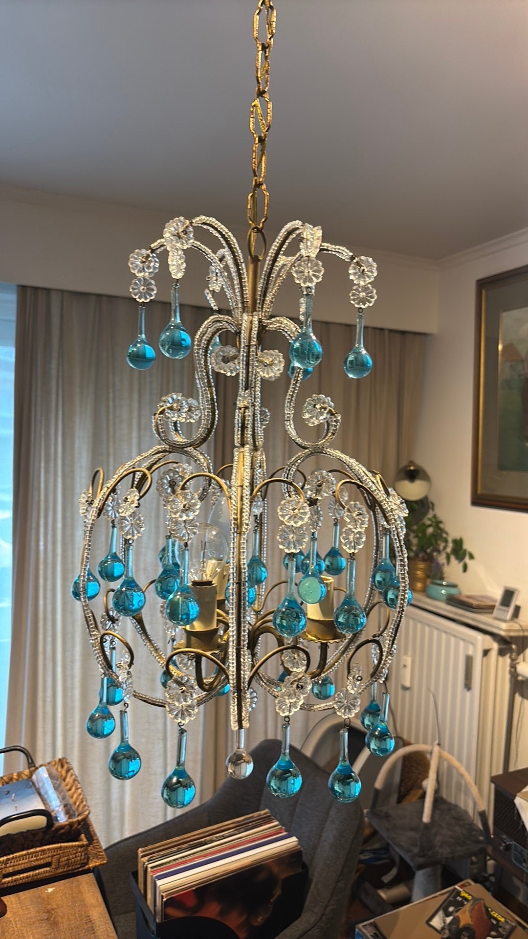 kooikroonluchter in Venetiaanse stijl – turquoise glas, Ophalen, Zo goed als nieuw, Glas