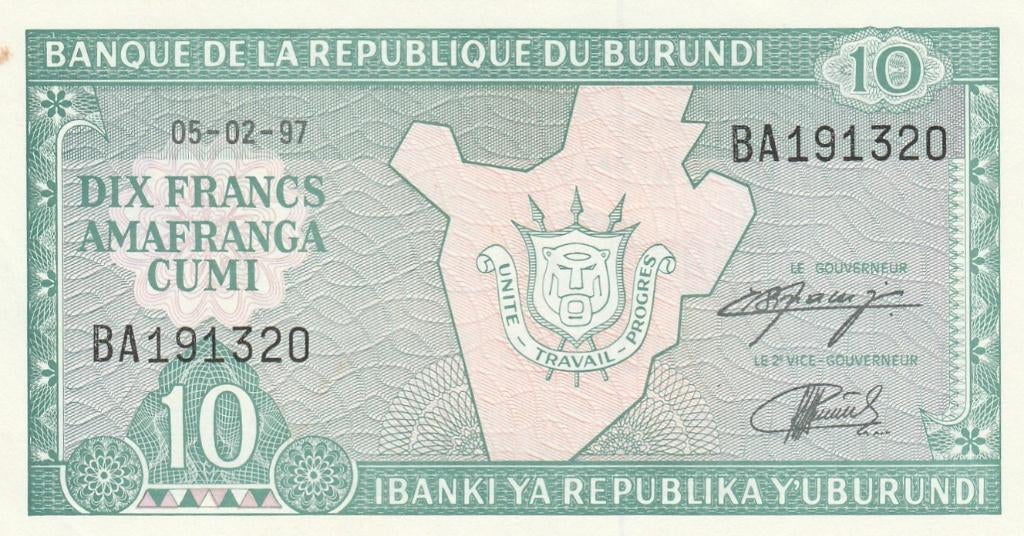 Banque de la Republique du Burundi 10 francs 05.02.1997 unc, Ophalen, Burundi, Los biljet
