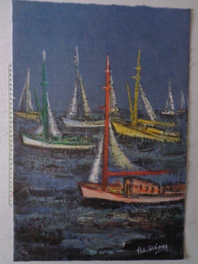 fraaie litho van Hubert De Vries "Zeilbootjes op zee", Antiquités & Art, Signé, Enlèvement ou Envoi, Paysages, Lithographie