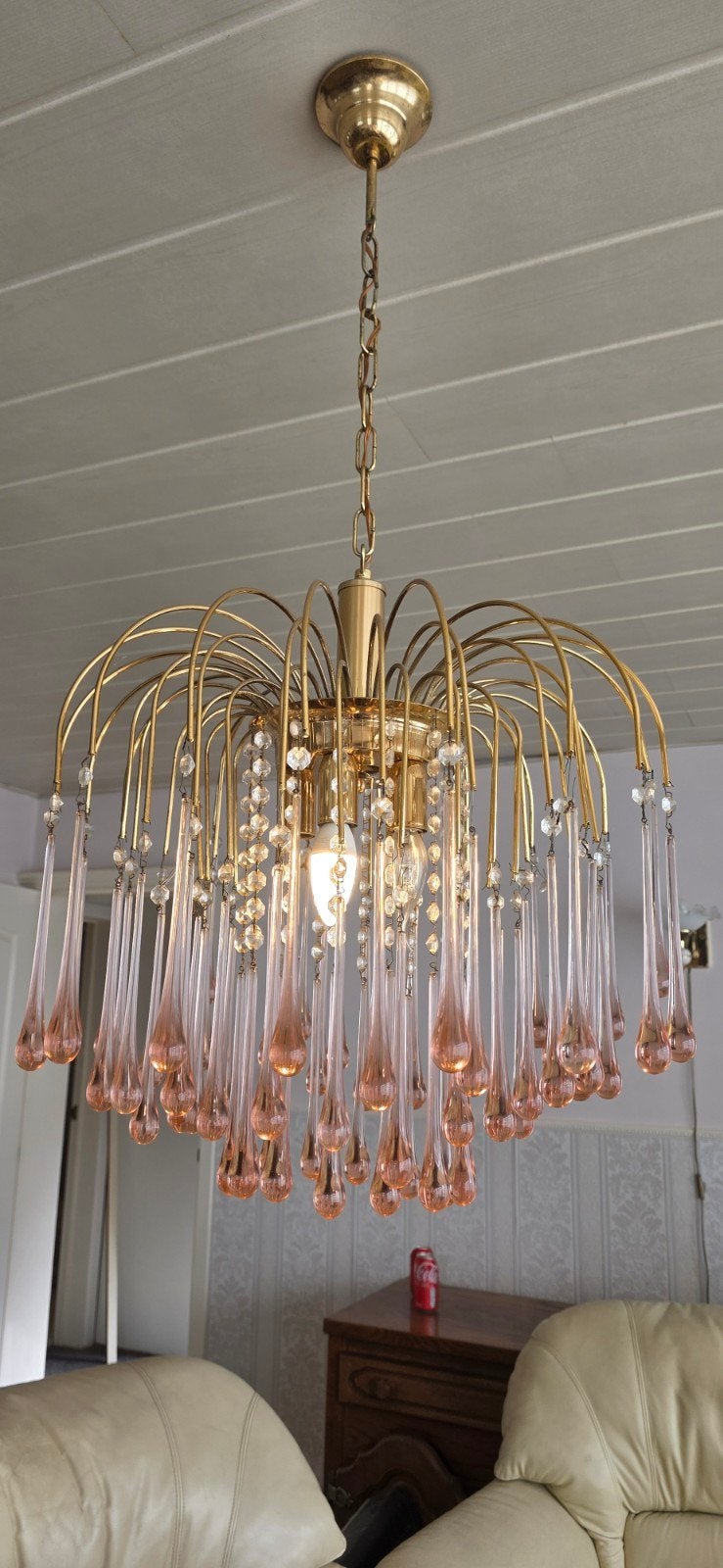 Lustre vintage avec gouttes en verre rose, Maison & Meubles, Verre, Enlèvement, Utilisé, E14 (petit)