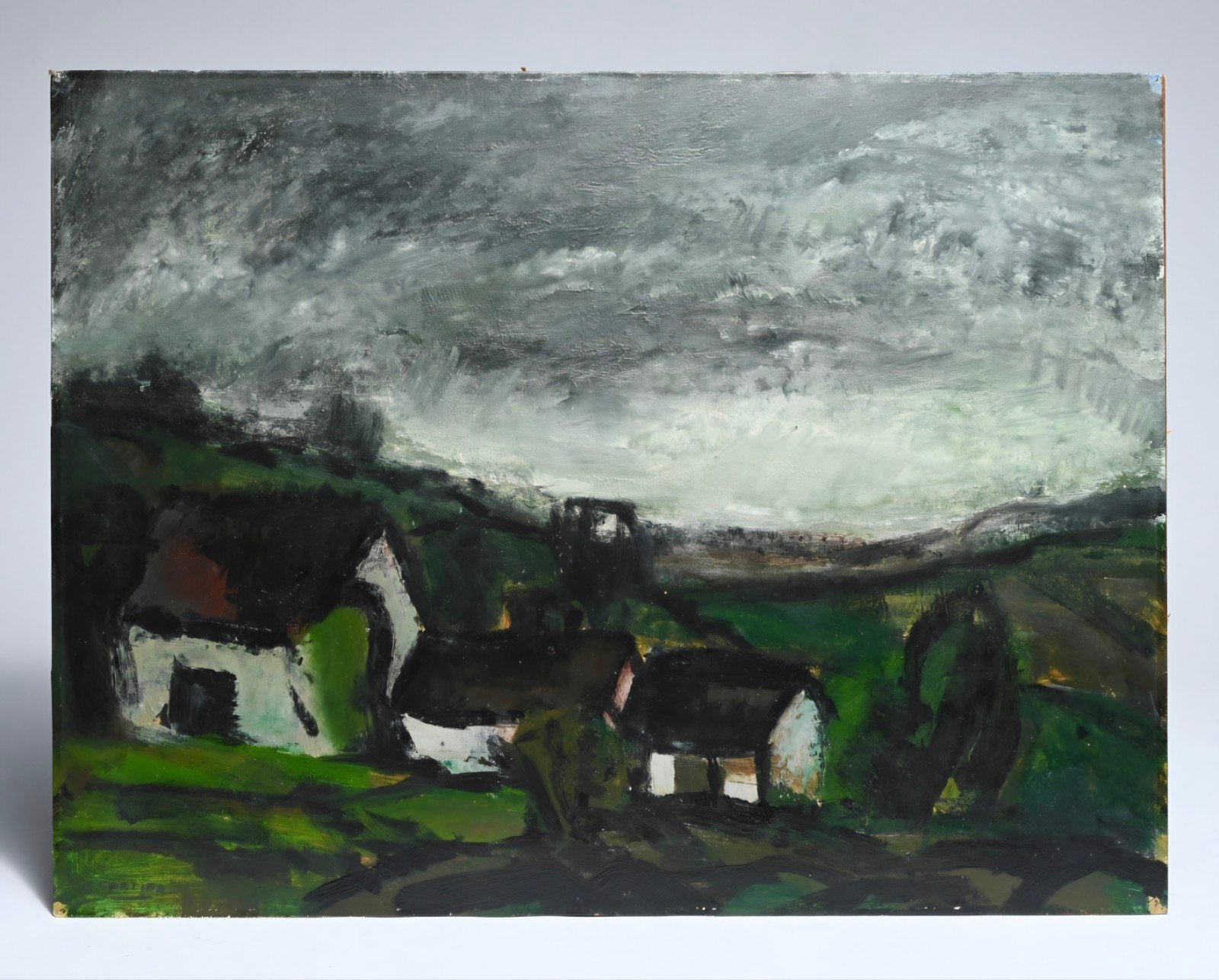 CORTIER Amedee "Hoeve in landschap" olie op papier, Antiek en Kunst, Ophalen of Verzenden, Landschap