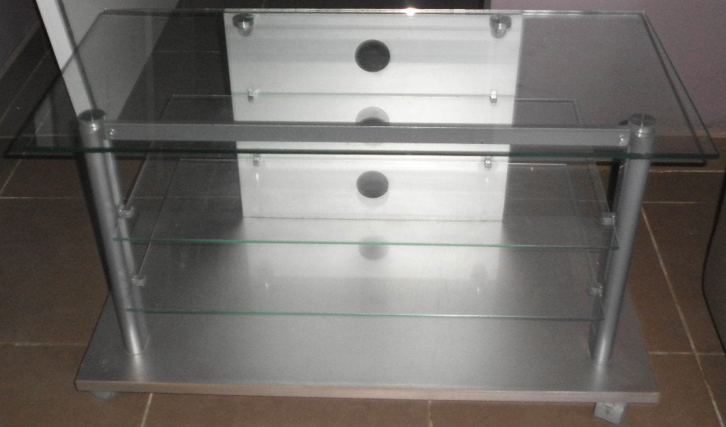 Meuble TV gris - verre Securit - sur 4 roulettes, Enlèvement, Utilisé, Verre