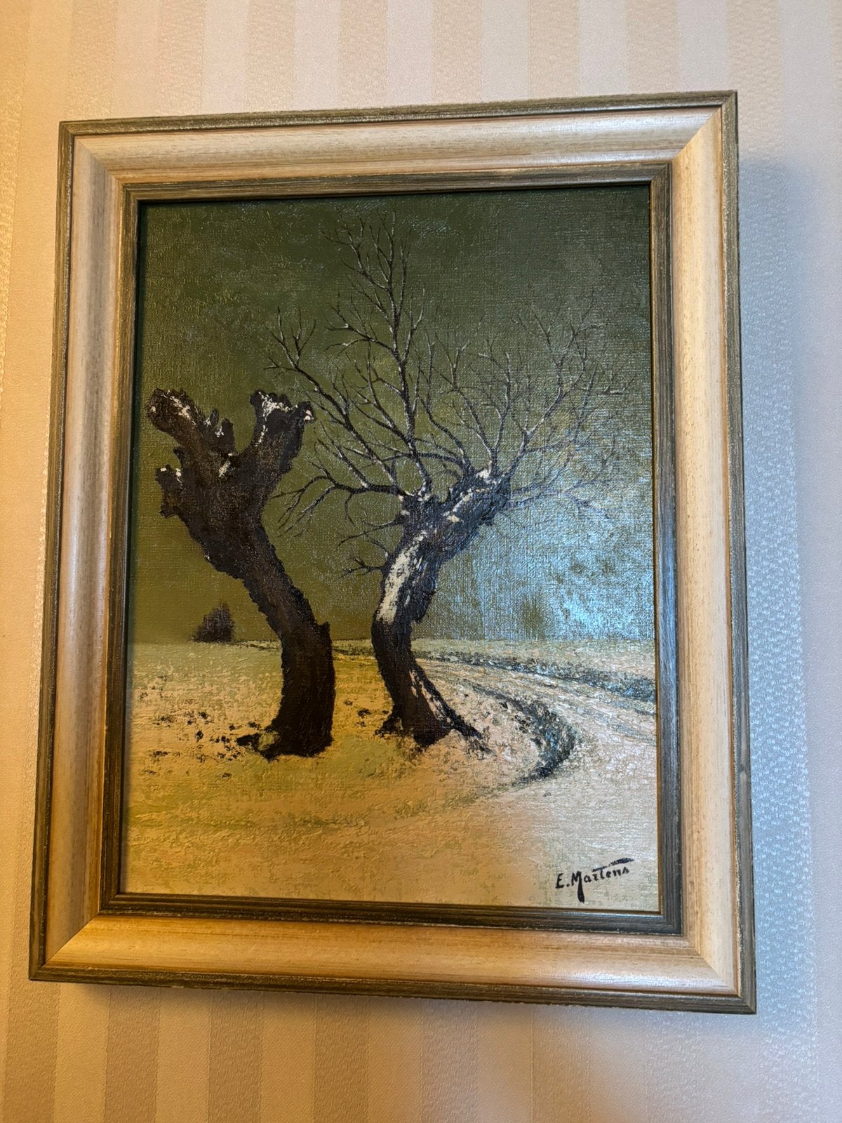 Winters landschap met 2 knoestige bomen, Antiek en Kunst, Ophalen