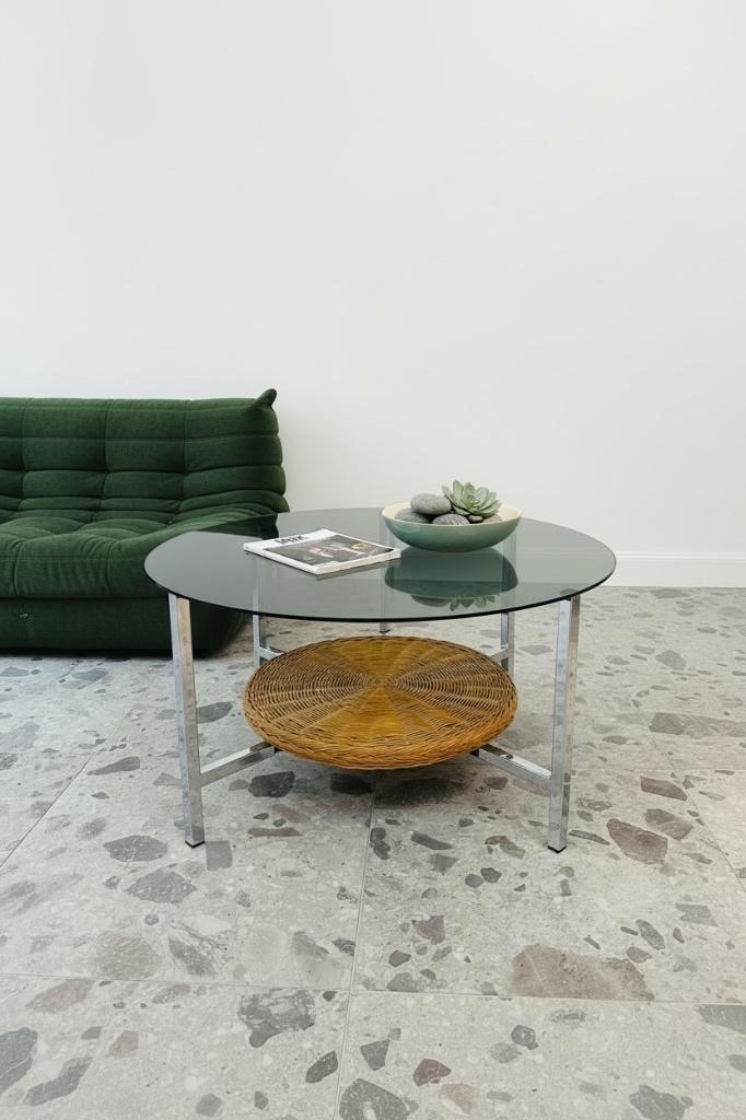 Table basse ronde vintage verre fumé rotin, Enlèvement