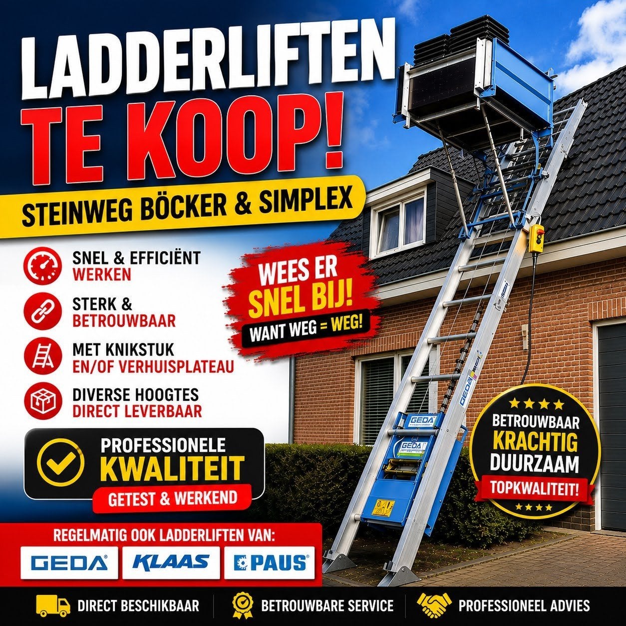 Ladderliften te koop! Steinweg Böcker & Simplex. WEG IS WEG., Bricolage & Construction, Enlèvement, Comme neuf, Ascenseur de chantier