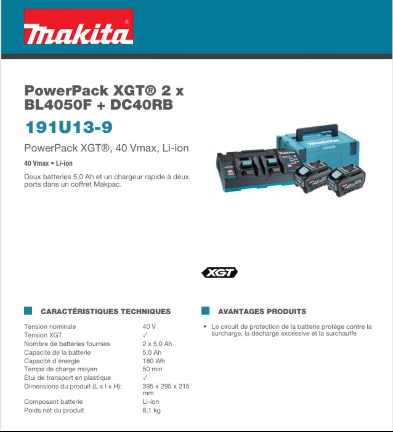 Makita PowerPack XGT 40V – 2 batteries 5Ah + chargeur double, Enlèvement, Neuf, Autres types