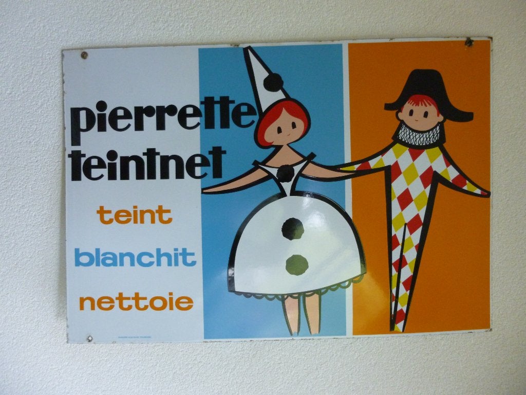 EMAILLE RECLAME BORD"PIERETTE TEINTNET"UIT JAREN 45/50, Ophalen of Verzenden, Gebruikt, Reclamebord