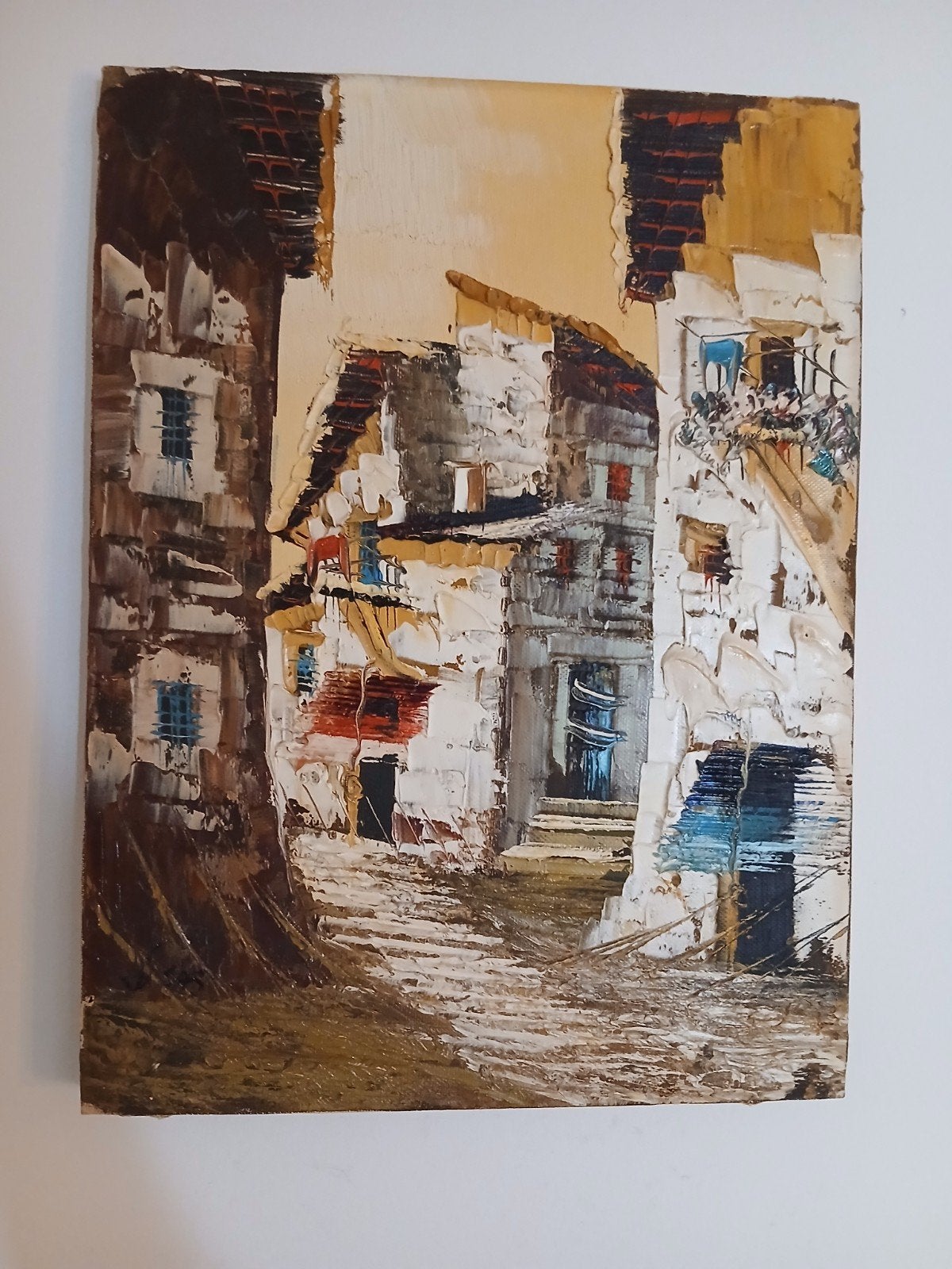 Vintage mid-century schilderij Lucas – Mediterraans dorpsgez, Antiek en Kunst, Kunst | Schilderijen | Abstract, Ophalen