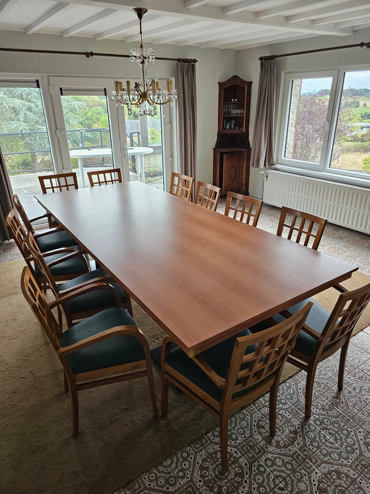 Grote eettafel in formica met 2 centrale poten, Ophalen, 100 tot 150 cm, 200 cm of meer, Zo goed als nieuw
