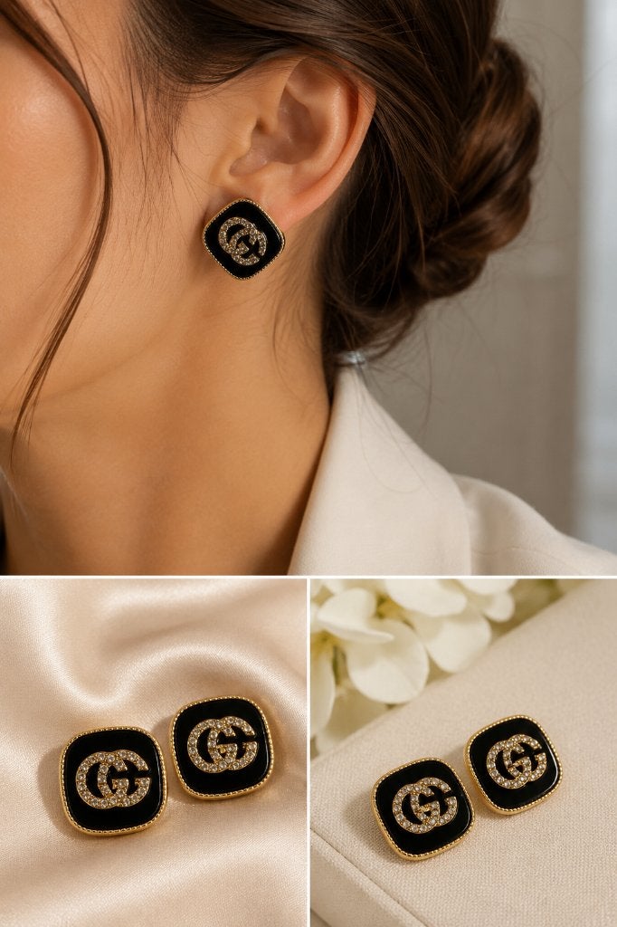 Vintage Stijl Vierkante Knopoorbellen Zwart met Goud  NIEUW, Bijoux, Sacs & Beauté, Boucles d'oreilles, Or, Noir, Envoi, Neuf