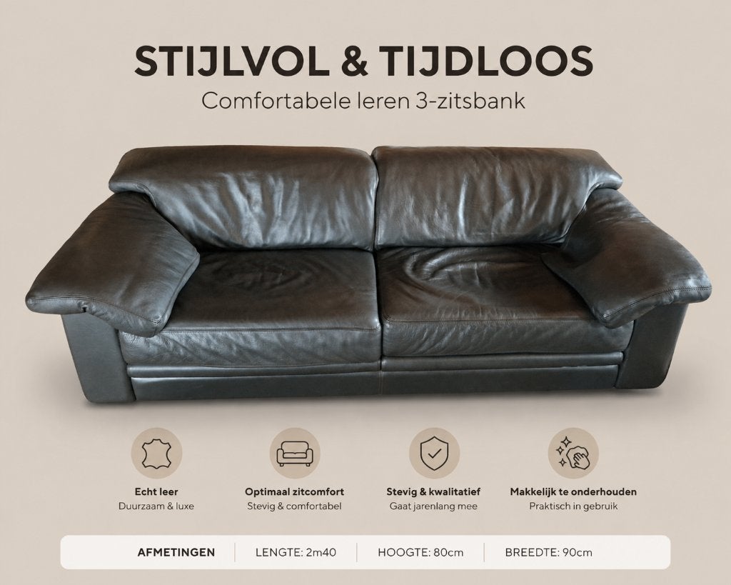 2 x zwarte leren 3-zitszetel – comfortabel en tijdloos, Ophalen, Gebruikt, Driepersoons, Rechte bank
