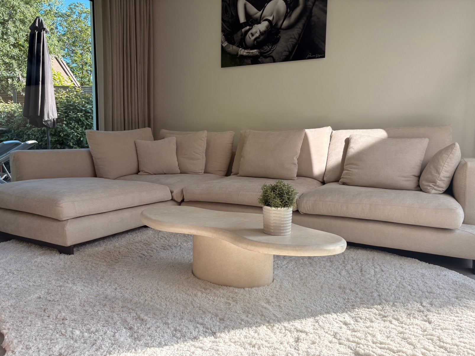 Salontafel Japandi style in beige travertin kleur, Neuf, Japandi, Moins de 50 cm, 100 à 150 cm