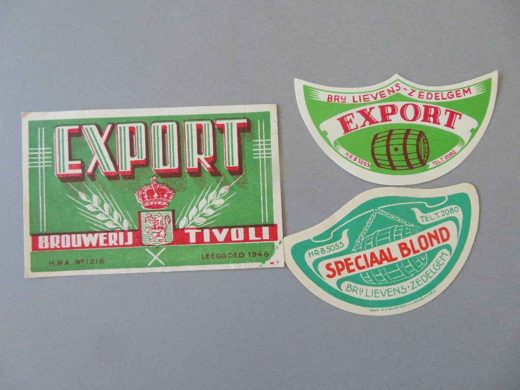 3 oude etiketten brouwerij Lievens Zedelgem + Tivoli, Verzenden, Zo goed als nieuw, Overige typen, Overige merken