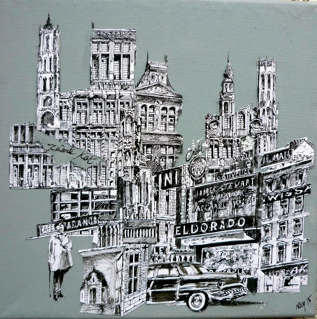 Toile originale acrylique et collage "Bruxelles 1950", Antiquités & Art, Surréalisme, Daté, Technique mixte, Paysage urbain / rural
