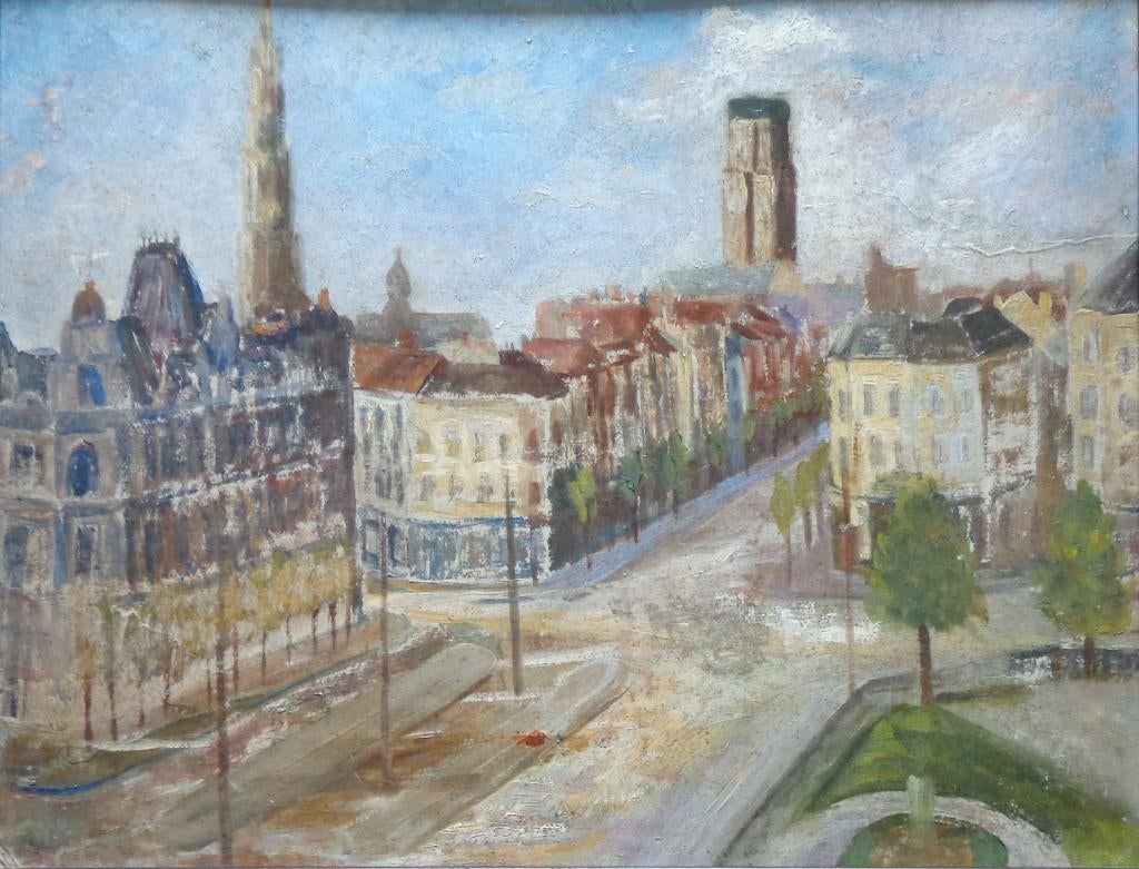 ANTWERPSE SCHOOL / VOLKSSTRAAT ANTWERPEN / OLIEVERF 42x52cm, Antiek en Kunst, Ophalen of Verzenden, Gesigneerd, Olieverf