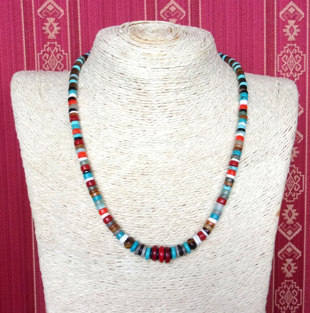 Collier surfeur Navajo en corail, turquoises, jaspe, nacre, Neuf, Enlèvement ou Envoi, Avec pierre précieuse, Bleu