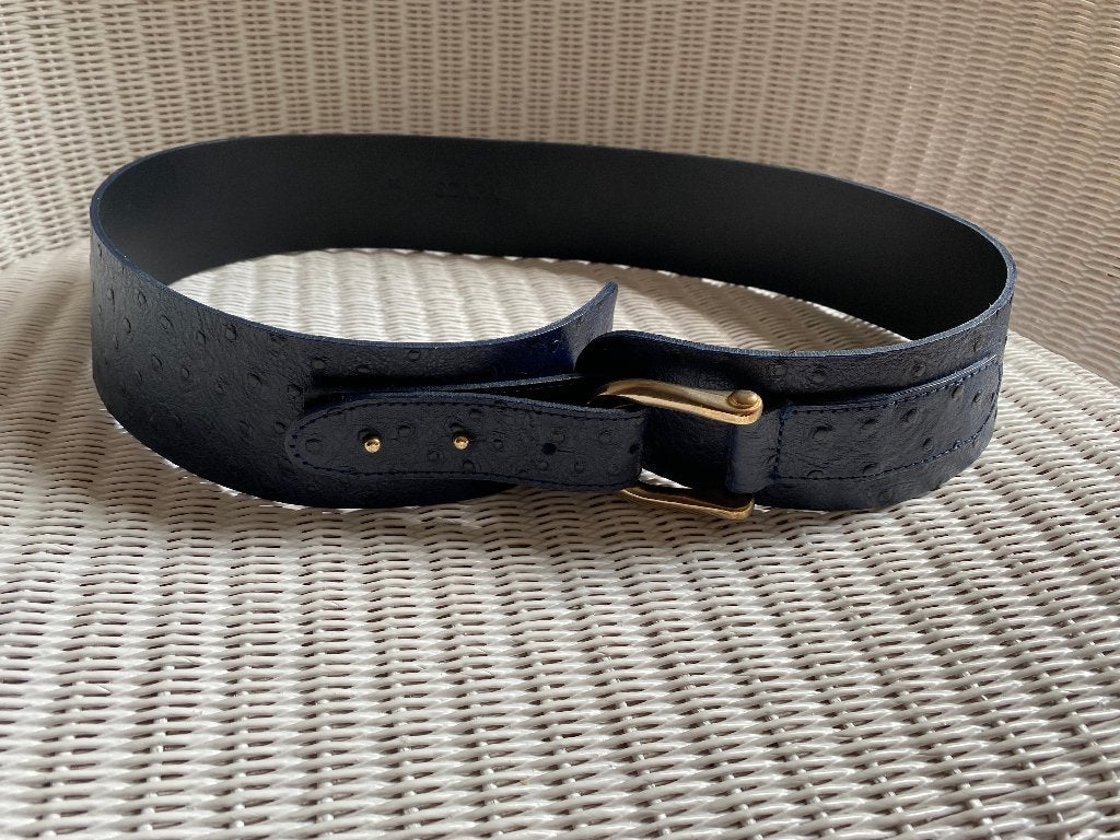 Ceinture en cuir imprimé autruche bleu marine Scapa - 90, Neuf, Scapa, Cuir véritable, Enlèvement ou Envoi