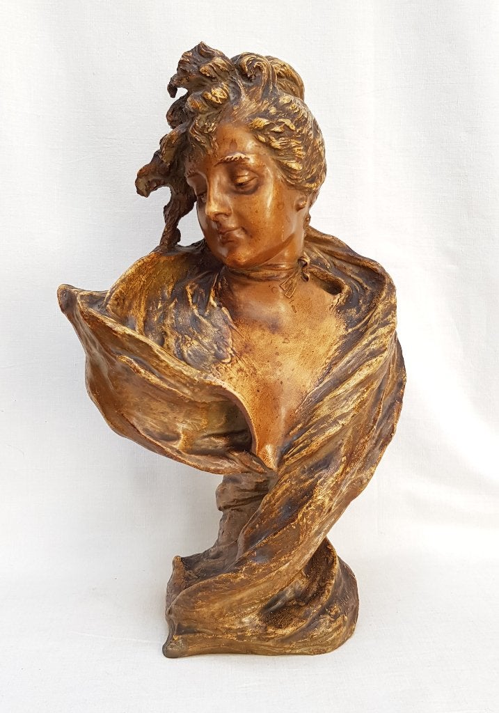 Buste Art Nouveau de Sarah Bernhardt - RSK - Stellmacher., Enlèvement ou Envoi, Brun, Pierre ou céramique, Marqué