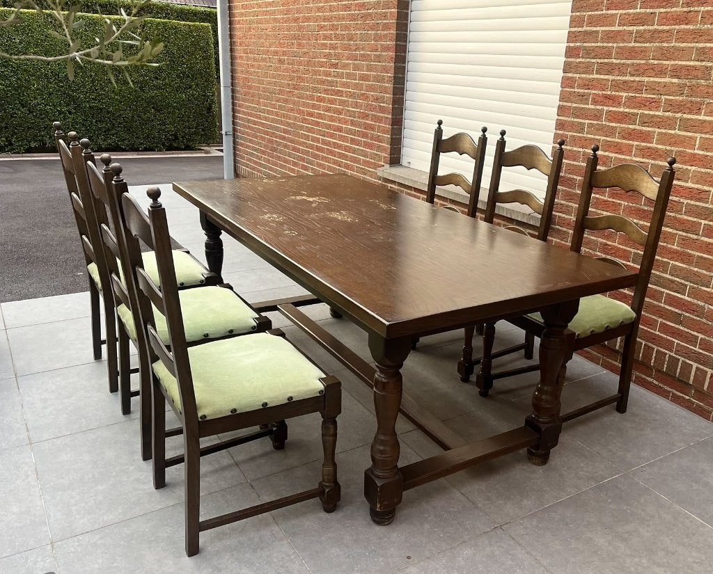 Donkere eiken eettafel met 6 stoelen, Ophalen, Gebruikt, Eikenhout, 50 tot 100 cm