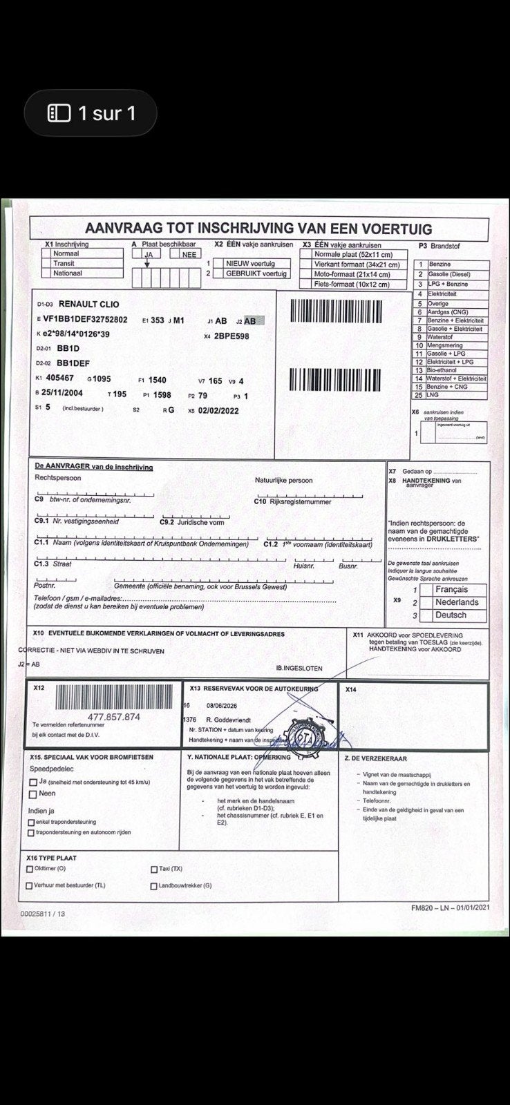 Reunault clio 1.6 essence euro 4 avec demande d'immatriculat