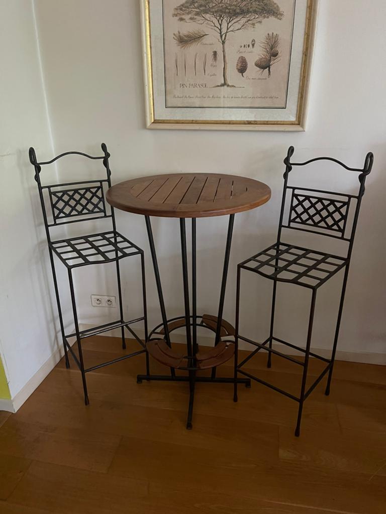 Table de bar en Teck/fer forgé «Tempo Doulou»  + 2 tabourets, Huis en Inrichting, 2 krukken, Ophalen of Verzenden, Zo goed als nieuw