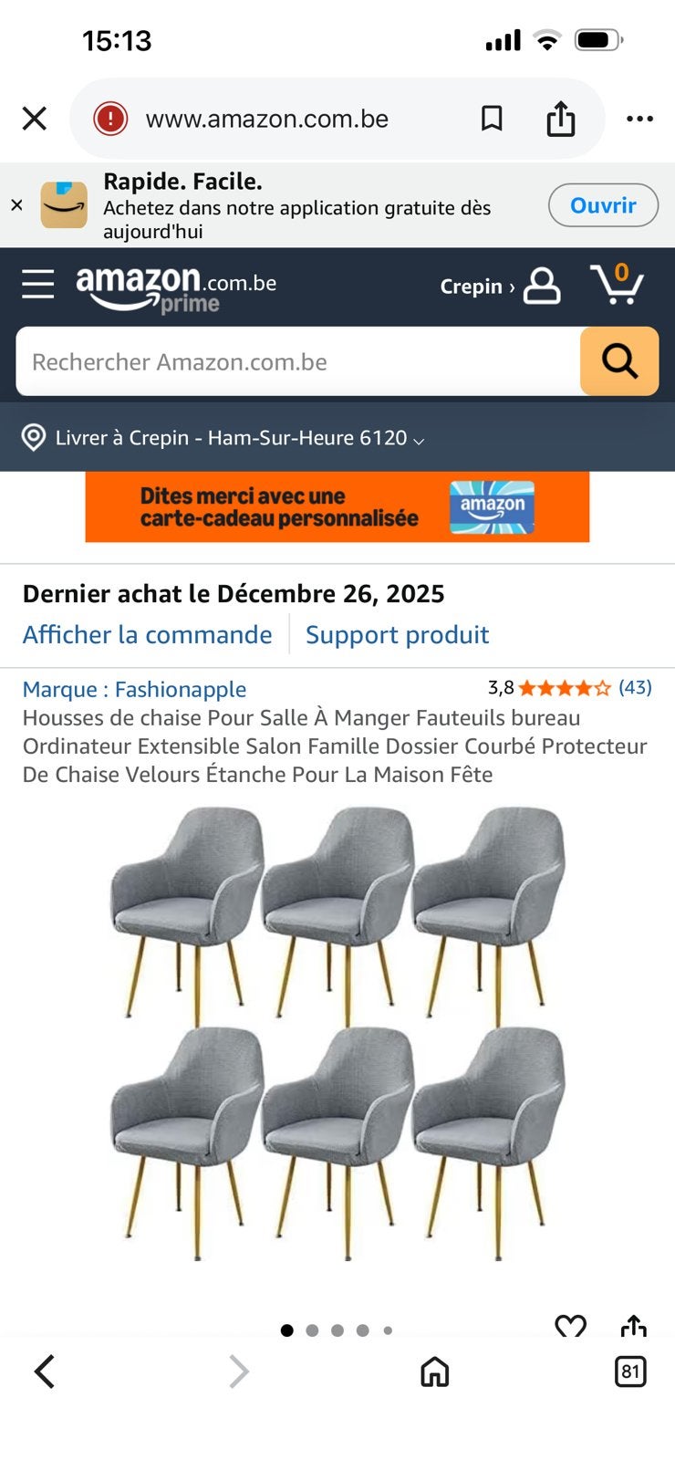 Lot de 6 housses de chaises, Enlèvement, Comme neuf, Gris, Tissus