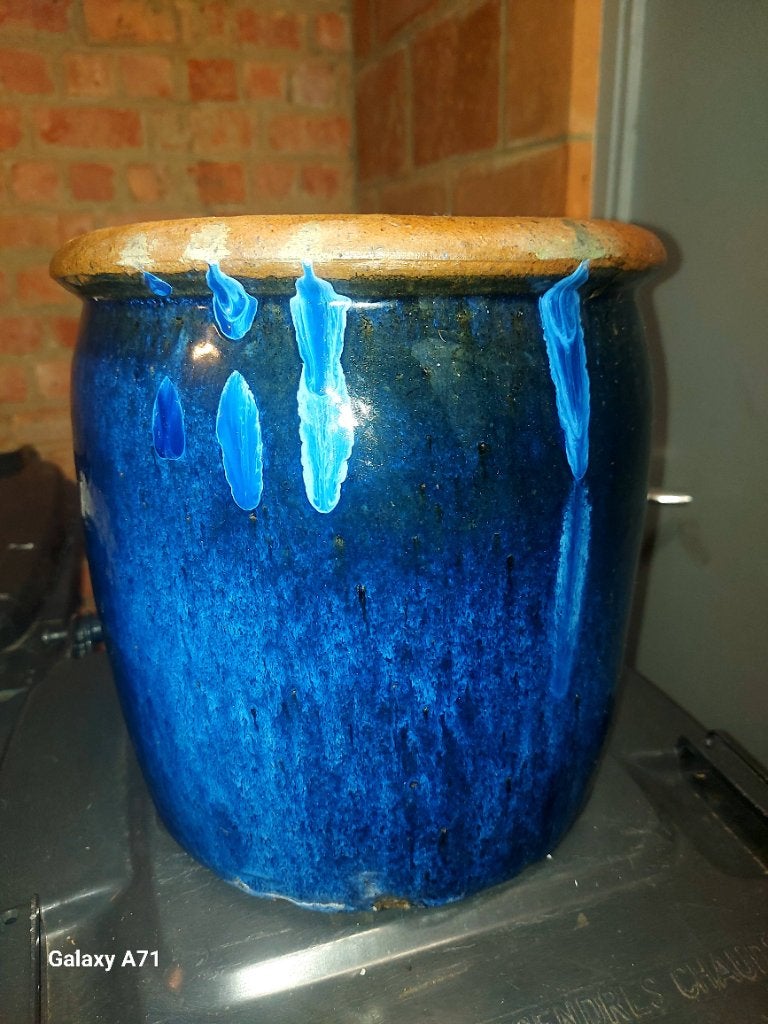 Pot de fleurs en terre cuite émaillée bleu cobalt, Jardin & Terrasse, Moins de 25 cm, Enlèvement, Utilisé, Intérieur