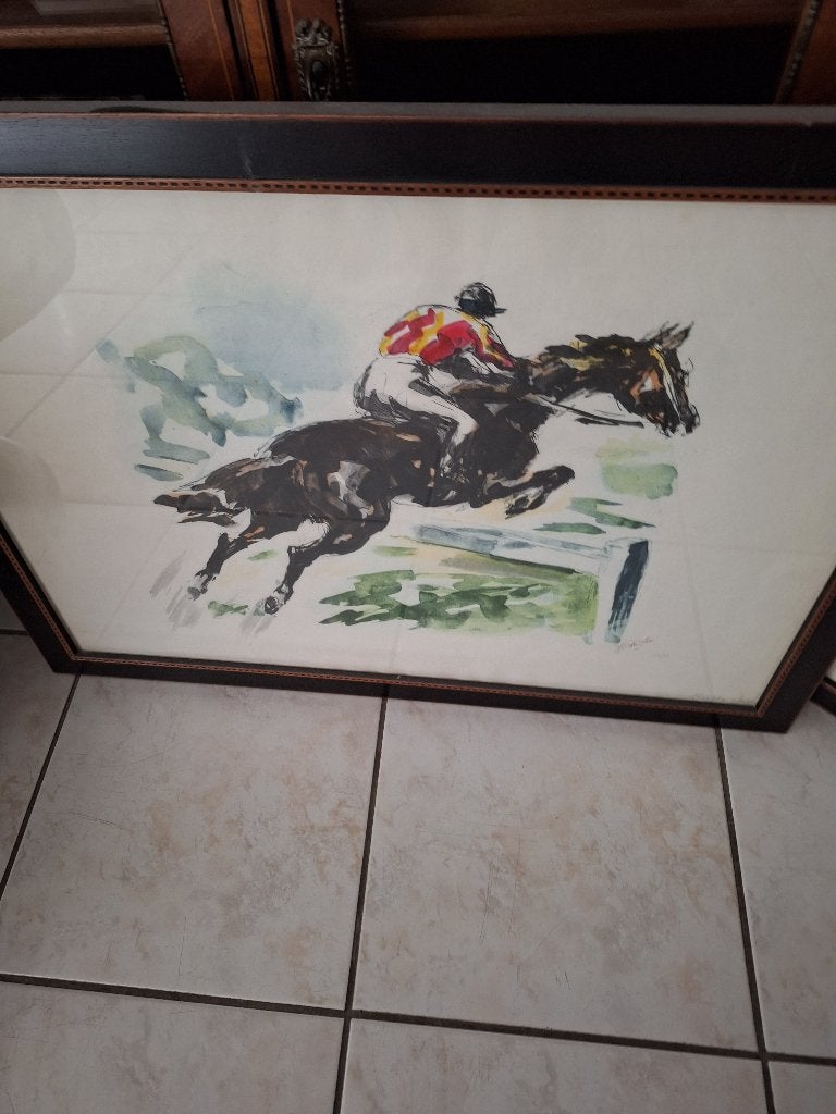 2 cadres jockeys/chevaux., Enlèvement, Utilisé, Verre, Œuvre encadrée