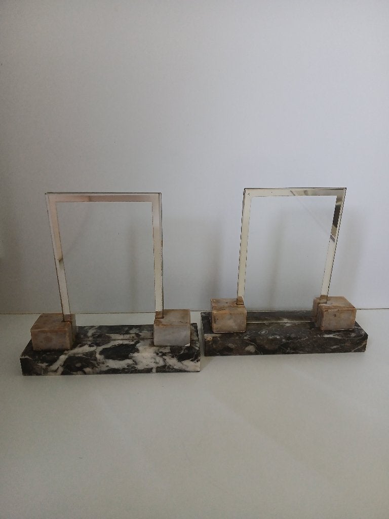 2 art deco, marmeren fotohouders met glaasjes, Beige, Gebruikt, Met glas, Ophalen of Verzenden