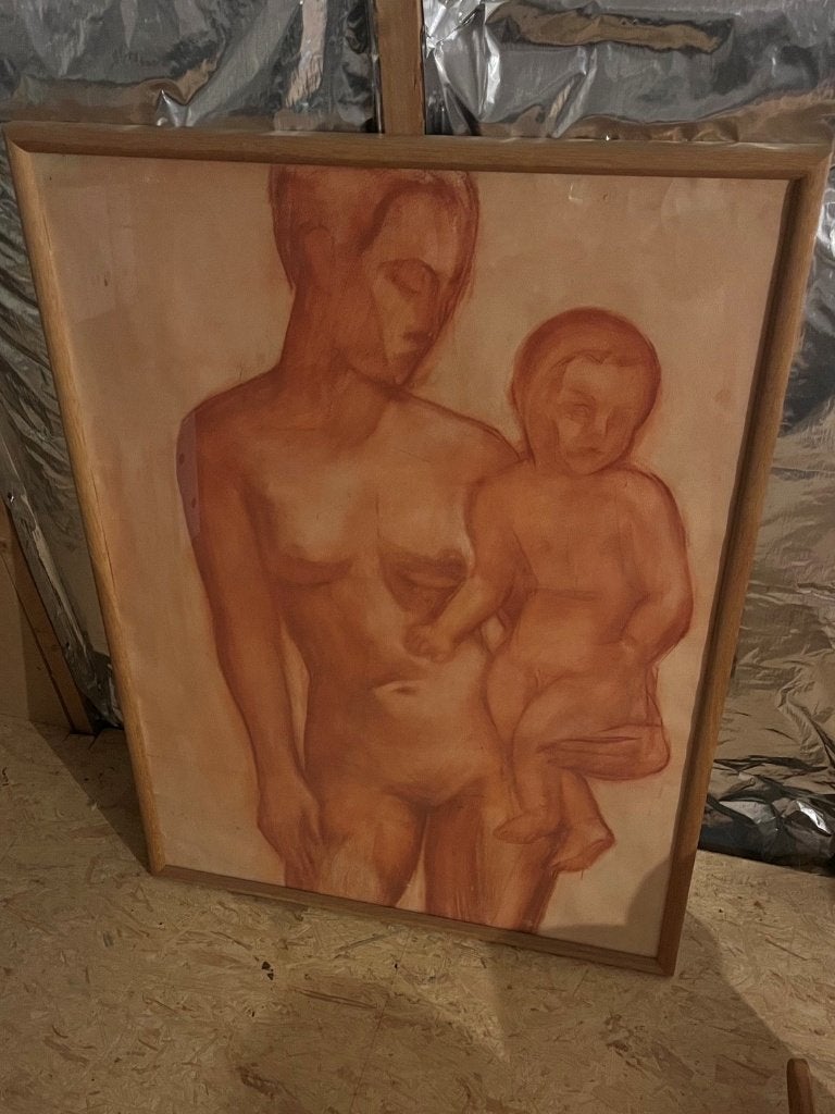 Grand dessin figuratif mère avec enfant, Antiquités & Art, Portrait ou Personnes, Autres techniques, Sous verre, Enlèvement