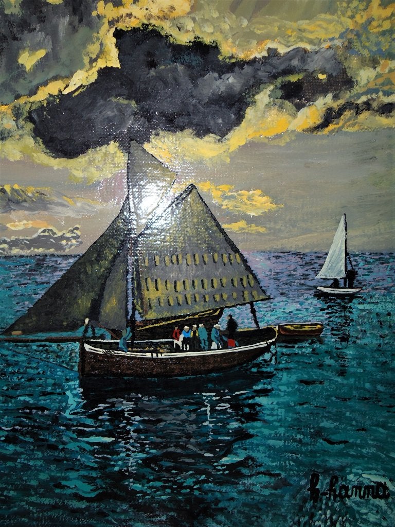 Tableau paysage mer voilier, par joky kamo, Antiquités & Art, Enlèvement