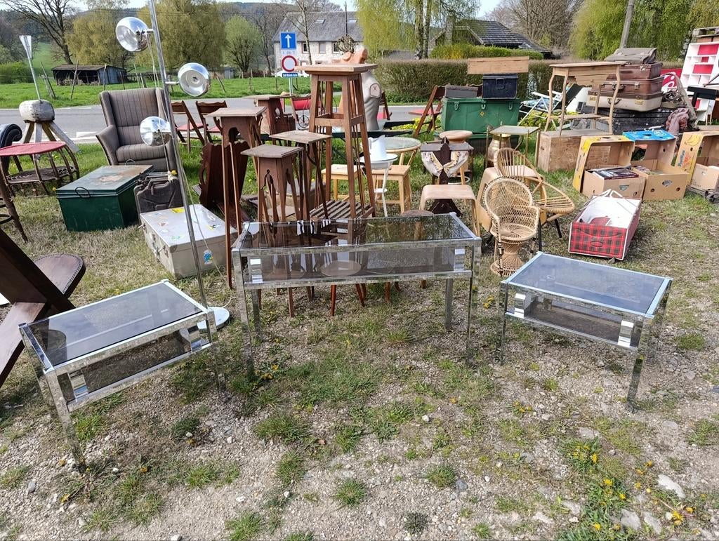 Trio tafels van chroom en rookglas uit de jaren 70, Huis en Inrichting, Tafels | Sidetables, Ophalen, Zo goed als nieuw, Glas