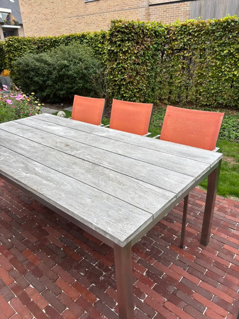Design tuintafel RVS met 6 stoelen, Tuin en Terras, Ophalen, Zo goed als nieuw, Rvs