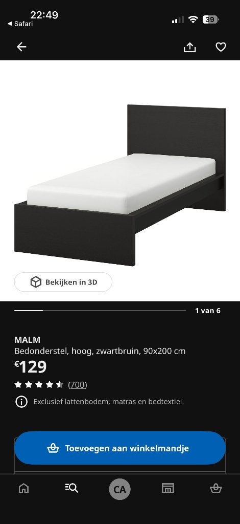Ikea MALM bed + lattenbodem 90x200cm, Huis en Inrichting, Ophalen, 90 cm, Eenpersoons, Zwart