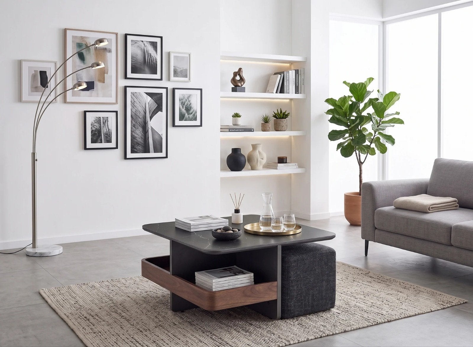 Table basse avec poufs