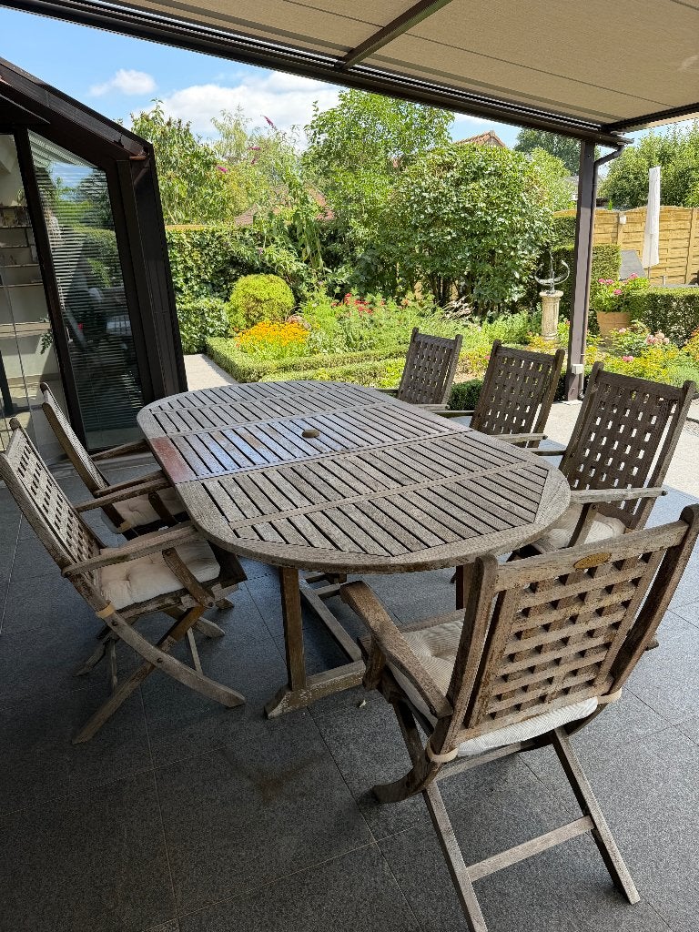 Verlengbare tuintafel en 6 stoelen in teak, Tuin en Terras, Tuintafels, Ophalen, Gebruikt, Ovaal, Hout