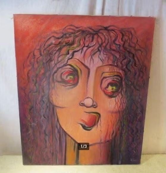 Œuvre peinte moderne « cheveux bouclés » - Chaises, Textile, Peinture à l'huile, Enlèvement ou Envoi, Portrait