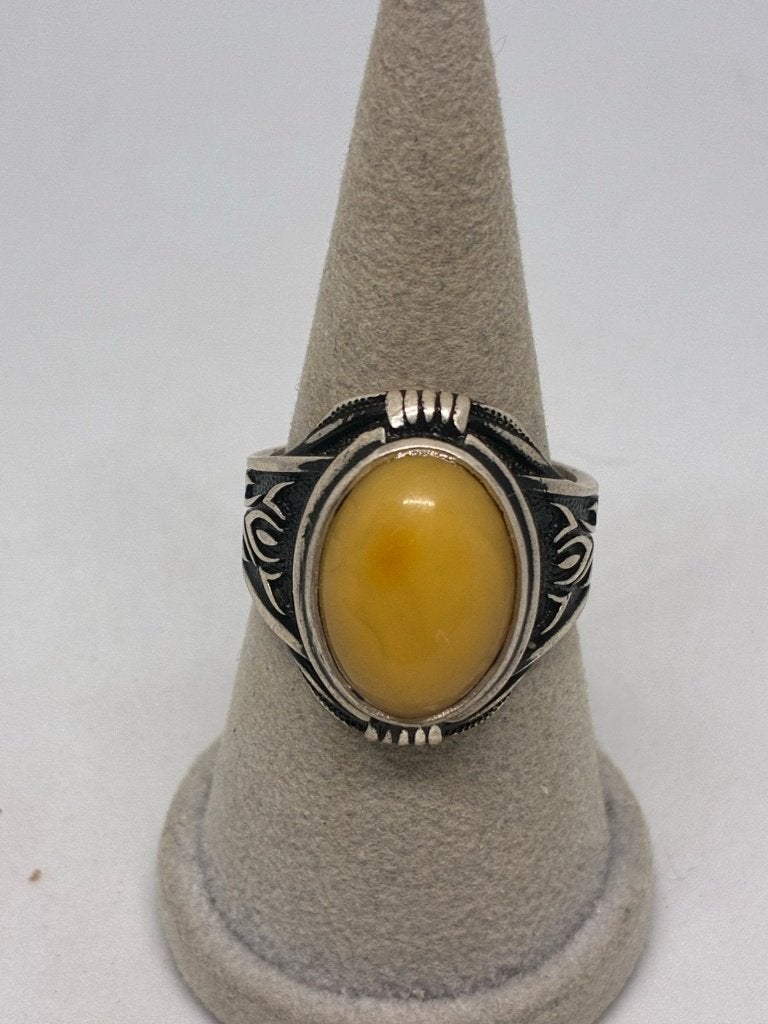 Zilveren herenring met echte amber barnsteen - 925 zilver, Heer, Nieuw, Ophalen of Verzenden, Grijs